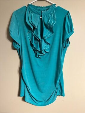 HeartSoul Teal Ruffle-Front Short Sleeve Blouse